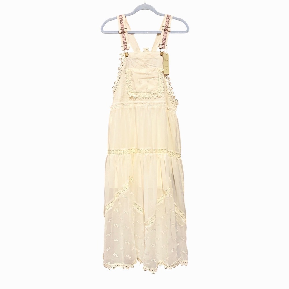 Ebossy Cream Lace Trim Overall Dress Floral Embroidered Tiered Midi Pinafore XS